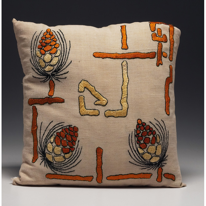 Appraisal: Nice Arts Crafts pillow embroidered stylized pine cone designs in