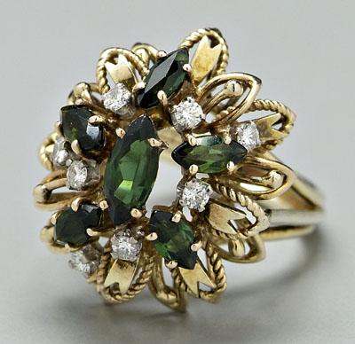 Appraisal: Diamond and tourmaline ring eight round brilliant diamonds estimated total