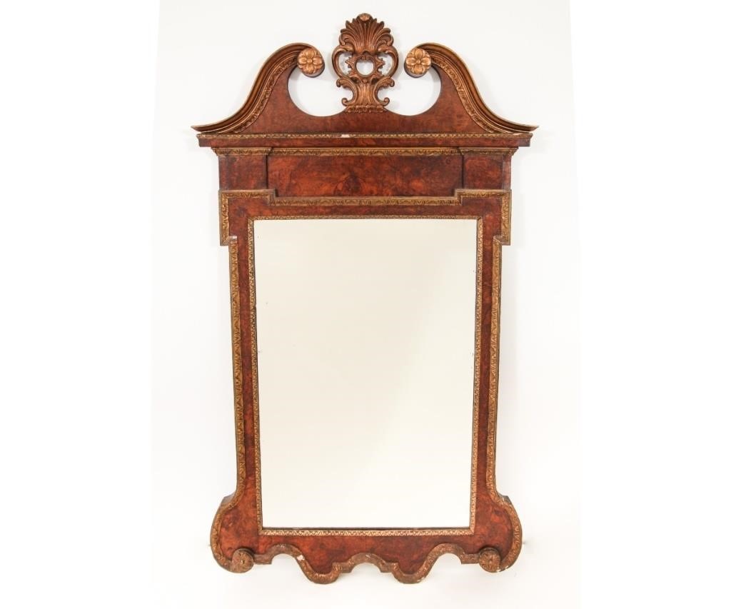 Appraisal: Large Chippendale burl walnut mirror with broken arch cornice th