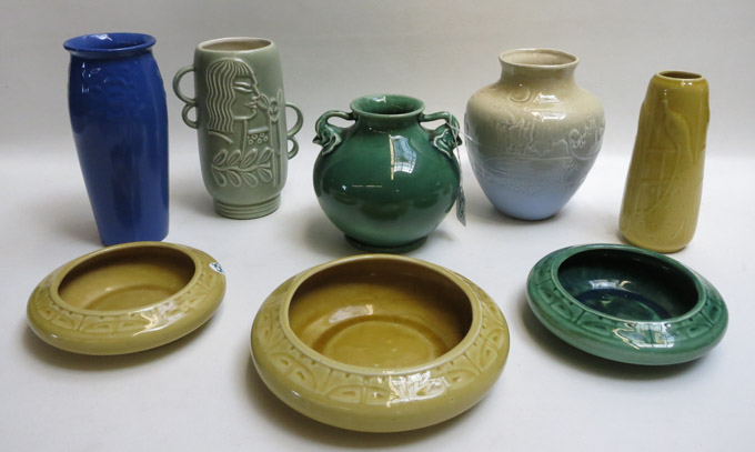 Appraisal: EIGHT RED WING POTTERY VESSELS including five vases in various