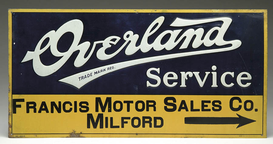 Appraisal: OVERLAND AUTOMOBILE TIN SIGN Embossed tin service sign for the