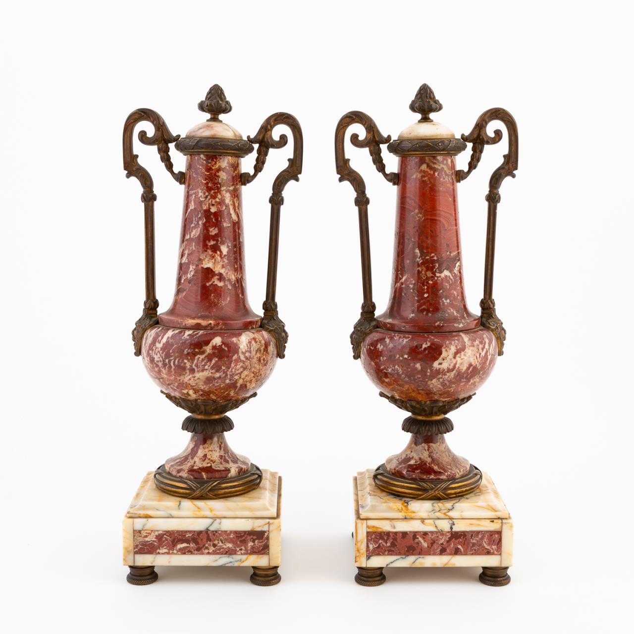 Appraisal: PR LOUIS XVI STYLE ROUGE CREAM MARBLE URNS French th