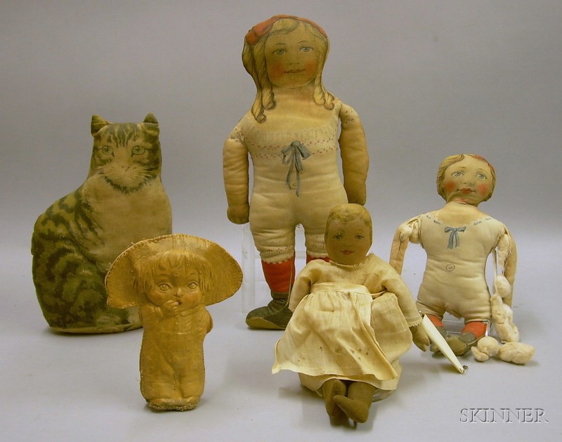 Appraisal: Group of Printed Cloth Dolls and a Cat various American