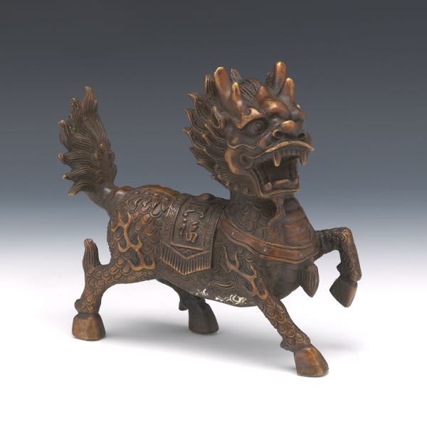 Appraisal: CHINESE QILIN BRONZE SCULPTURE x x Cast bronze sculpture the