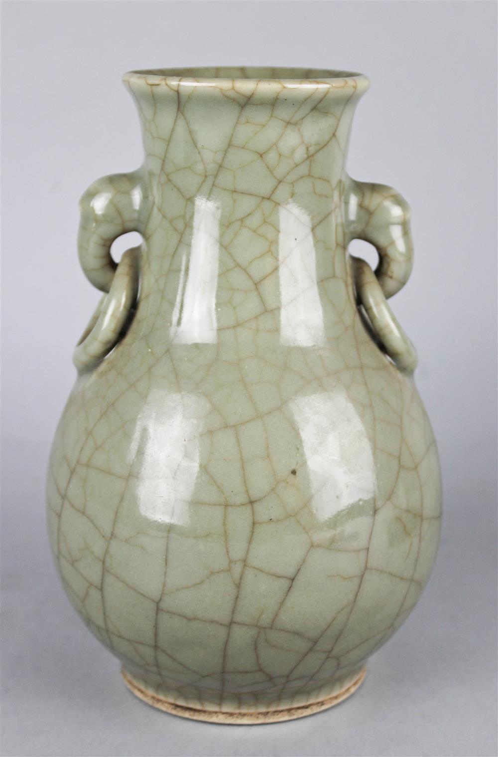 Appraisal: CHINESE CELADON CRACKLE-GLAZED VASE of baluster shape with molded faux