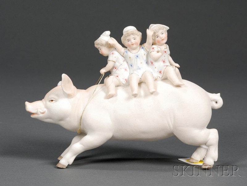 Appraisal: Tinted Bisque Figural Group of Children Riding a Wild Boar