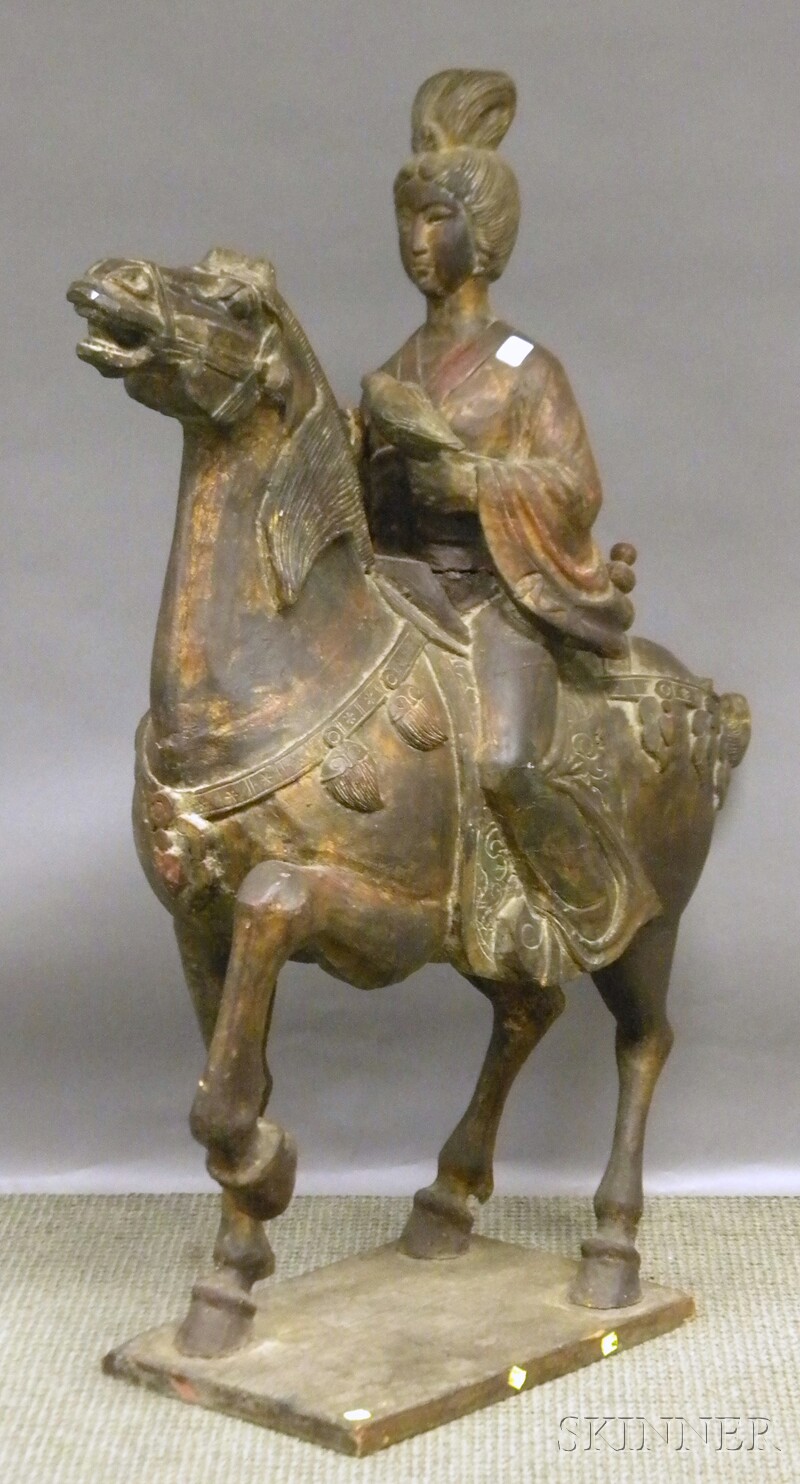 Appraisal: Chinese Giltwood and Painted Carved Wood Guan Yin on Horseback