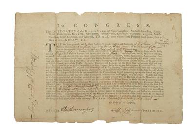 Appraisal: U S privateer license partially printed document headed quot Congress