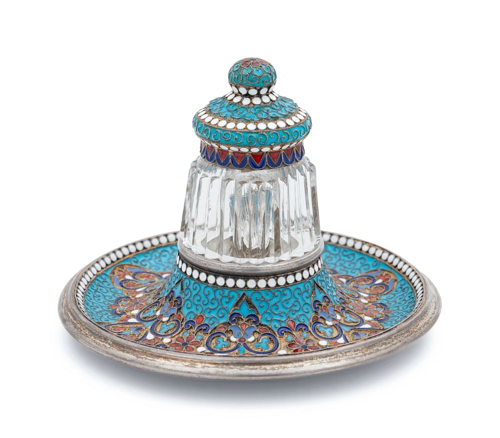 Appraisal: A Russian Silver Enameled and Cut Glass Inkwell A Russian