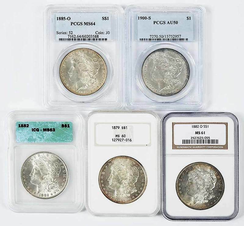 Appraisal: Group of Five Graded Morgan Dollars dates range from to