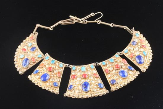 Appraisal: EGYPTIAN GILT-ON-SILVER AND SEMI-PRECIOUS STONE CABOCHON FIVE-PANEL FLEXIBLE LENGTH NECKLACE