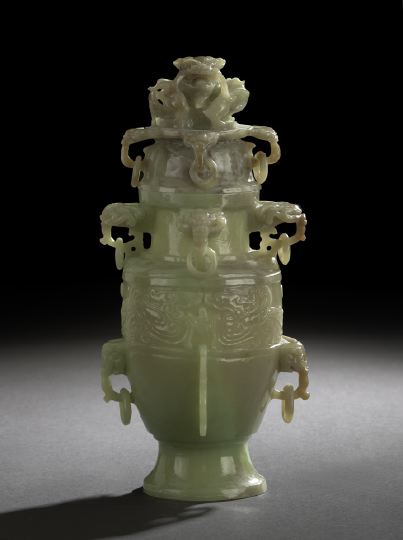 Appraisal: Chinese Carved Jade Covered Vase carved from Burmese jadeite the