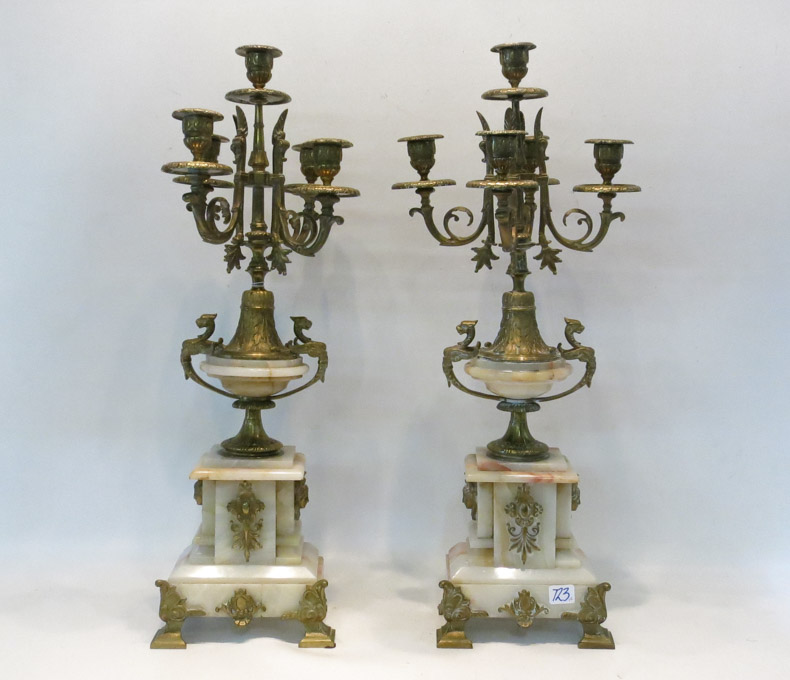 Appraisal: PAIR BRONZE AND MARBLE CANDELABRA each having five lights the