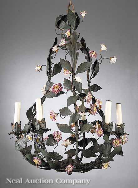 Appraisal: A Decorative Vintage Green-Painted Metal and Polychrome Porcelain Floral Six-Light