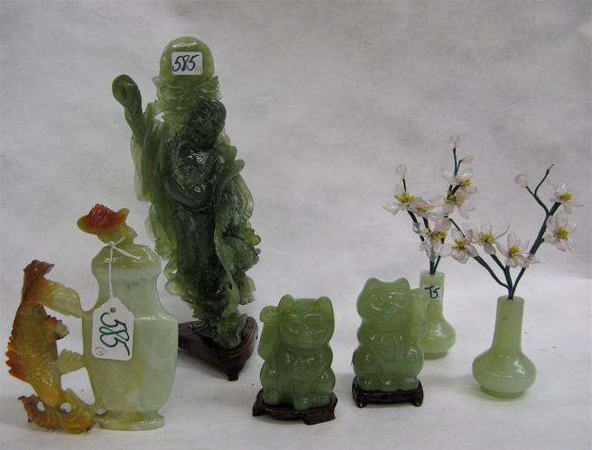 Appraisal: SEVEN CHINESE HAND CARVED HARDSTONES Jade male figure with dragon