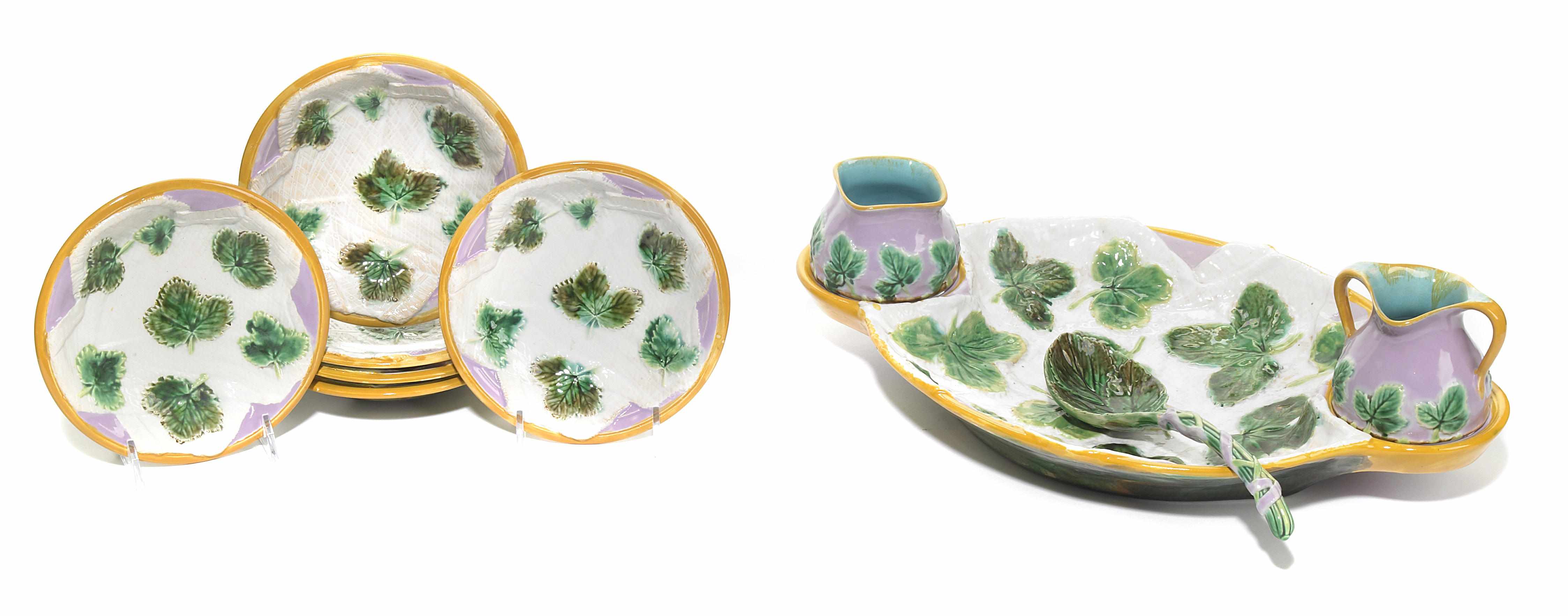 Appraisal: A George Jones majolica strawberry set circa Comprising serving dish