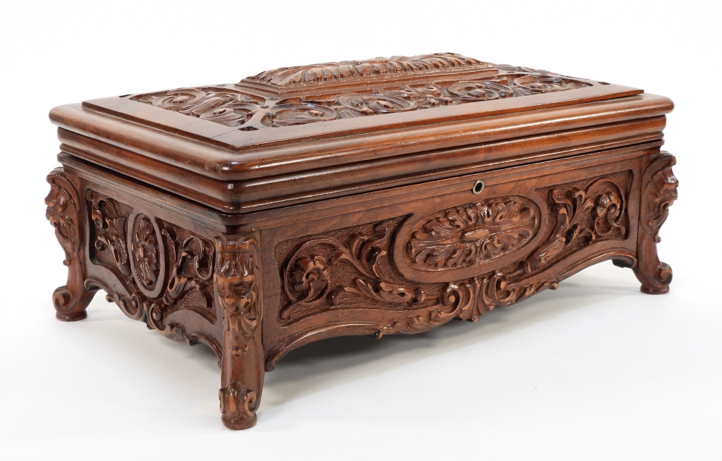 Appraisal: GENTLEMAN'S GERMAN CARVED WALNUT HUMIDOR Germany Circa Heavily carved with