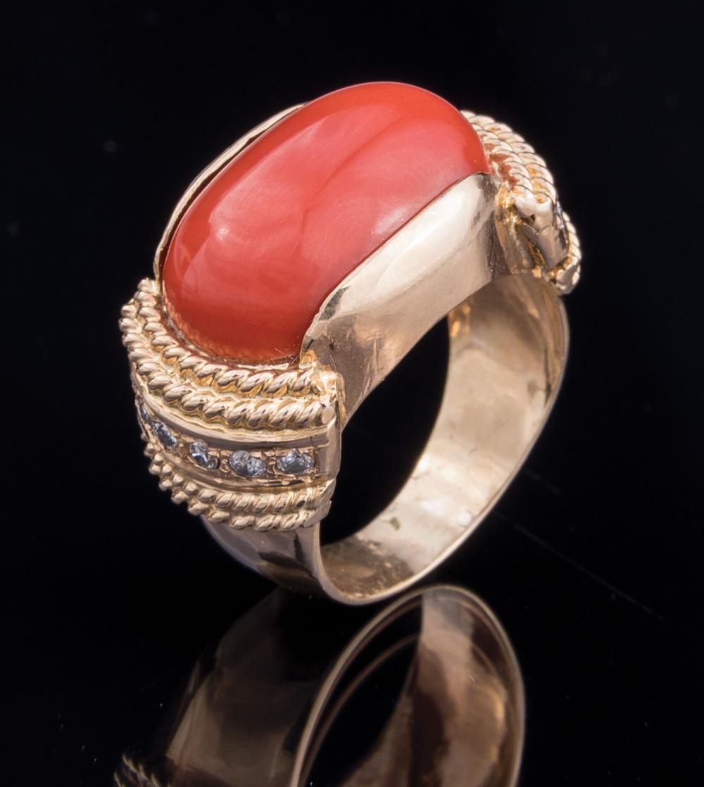 Appraisal: kt Yellow Gold Red Coral Cabochon and Diamond Ring size