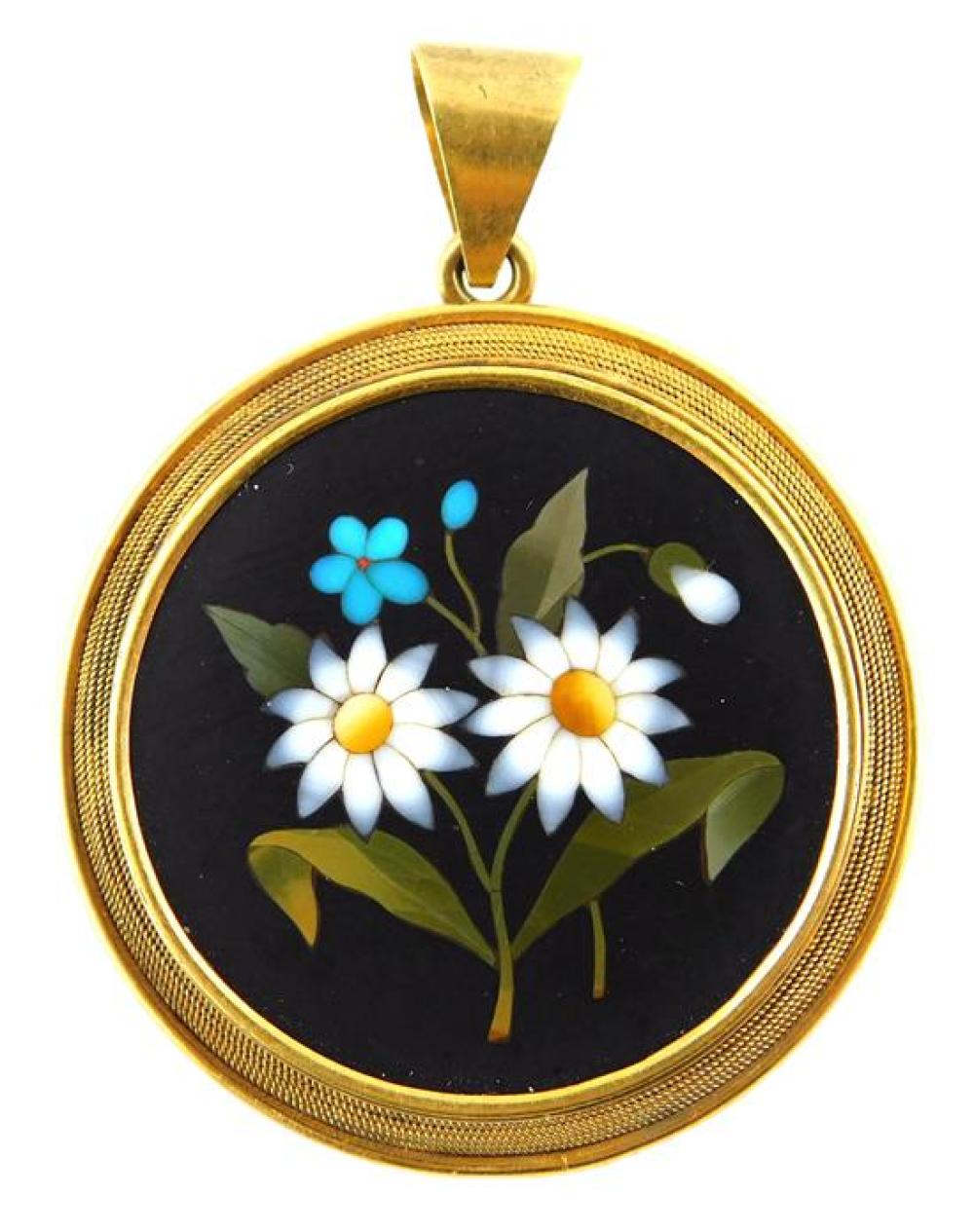 Appraisal: JEWELRY K Pietra Dura Pendant of Daisies round frame with