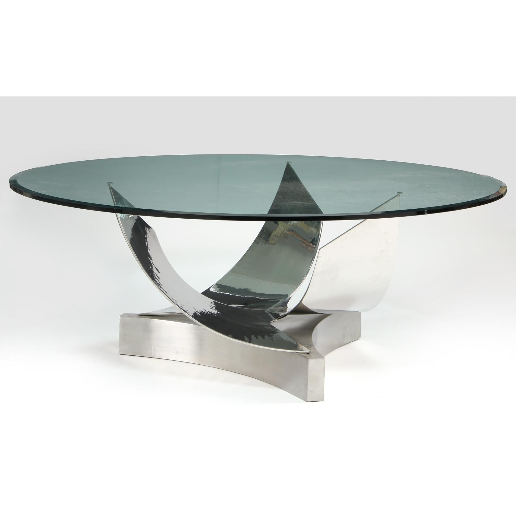 Appraisal: Contemporary Sculptural Table large circular beveled glass top supported by