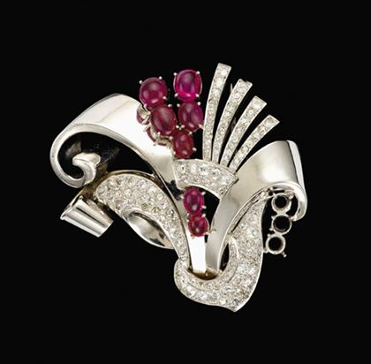 Appraisal: Retro white gold diamond and ruby brooch s Large and