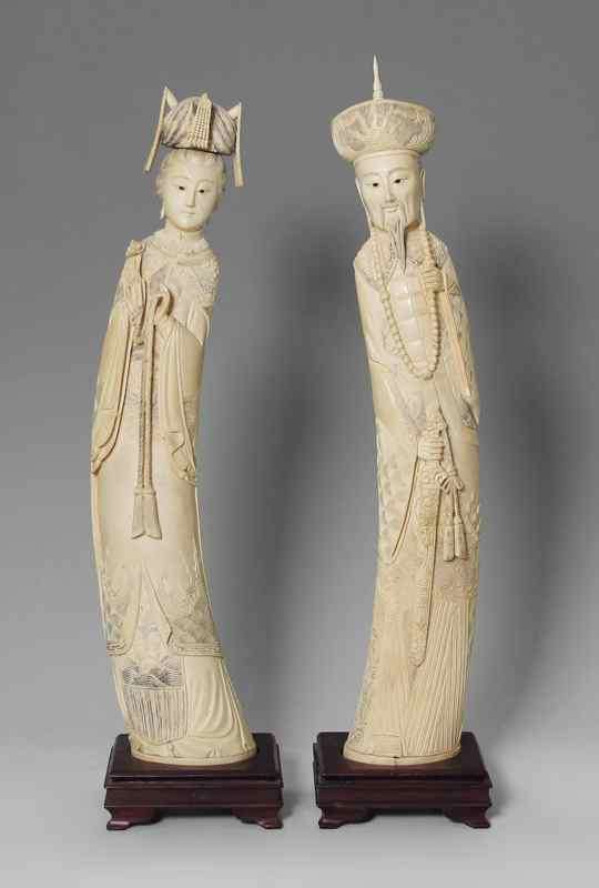 Appraisal: PAIR SIGNED CARVED ELEPHANT IVORY TUSK FIGURES Queen '' King