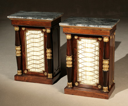 Appraisal: Pair of Regency Ormolu Mounted Rosewood Marble-Top Side Cabinets Circa