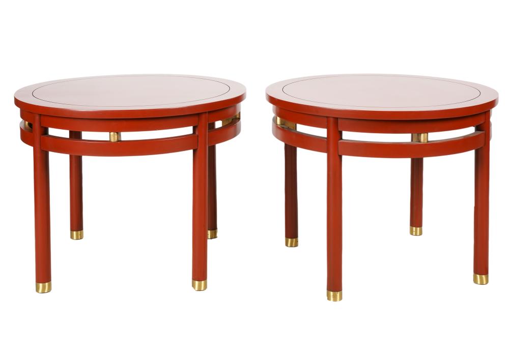 Appraisal: PAIR OF RED LACQUERED ROUND OCCASIONAL TABLESmodern unsigned with gilt