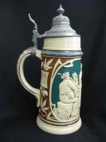 Appraisal: German Pottery Stein hunters in tavern bas-relief pewter lid liter