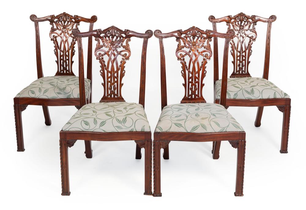 Appraisal: FOUR CHIPPENDALE-STYLE SIDE CHAIRS CONTEMPORARY BACK HEIGHTS SEAT HEIGHTS FOUR