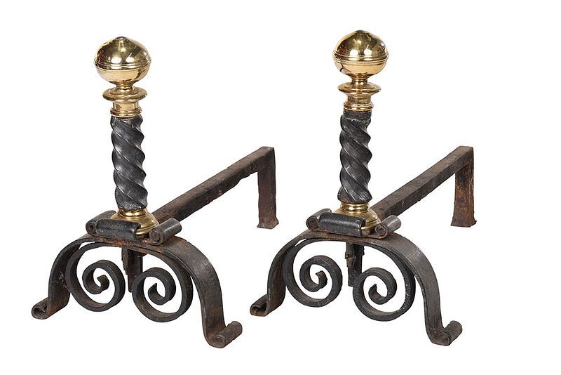 Appraisal: Pair Baroque Brass and Wrought Iron Andirons probably Dutch circa