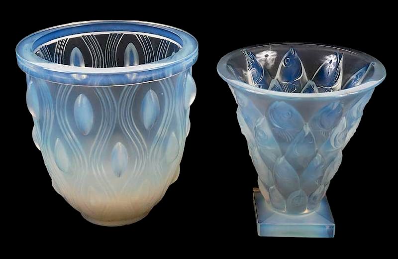 Appraisal: Two Sabino Glass Opalescent Vases Fish French th century etched