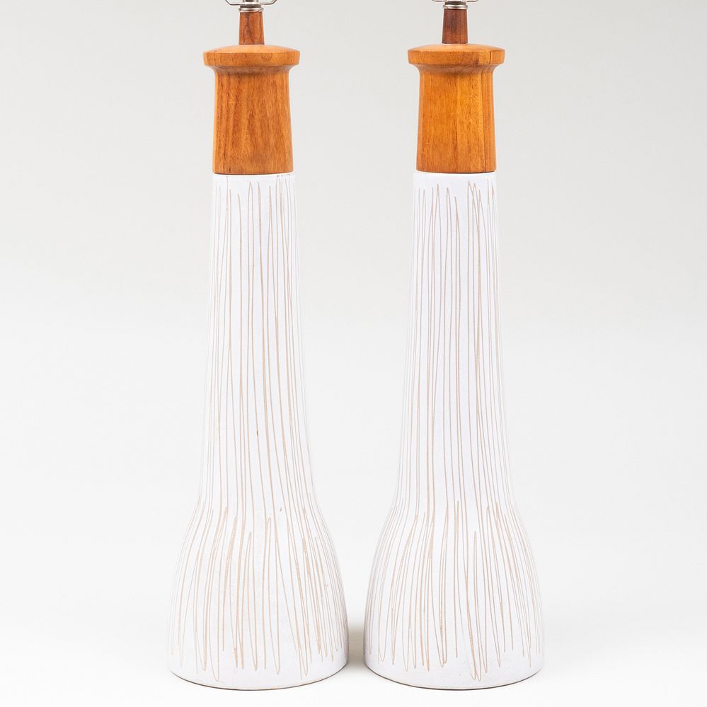 Appraisal: Pair of Martz Wood Mounted Glazed Pottery Ceramic Table Lamps