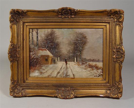 Appraisal: Oil on Board Snowscene Probably European Illegible signature Snowy lane