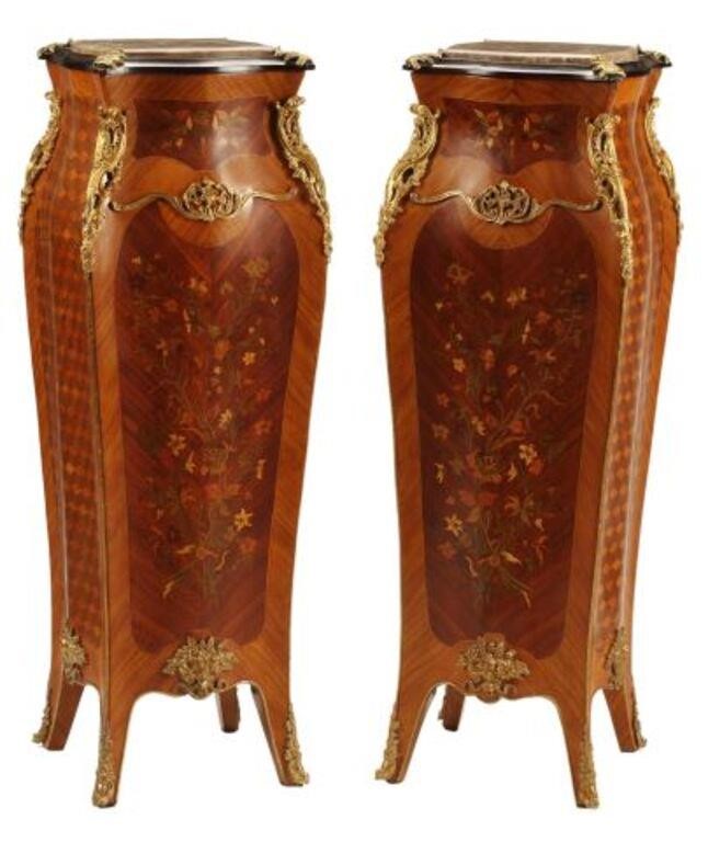 Appraisal: pair Louis XV style marquetry inlaid pedestals with marble top