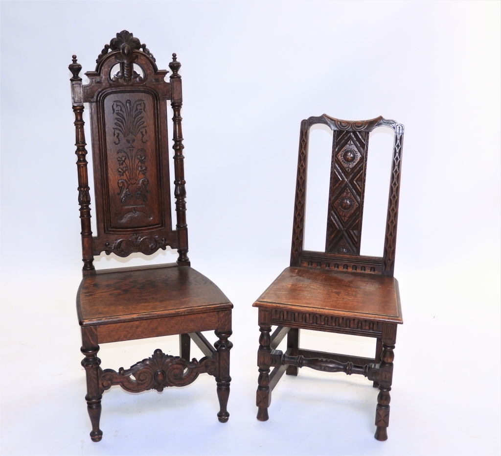 Appraisal: HIGH STYLE AND AESTHETIC CARVED OAK CHAIRS United StatesLate th