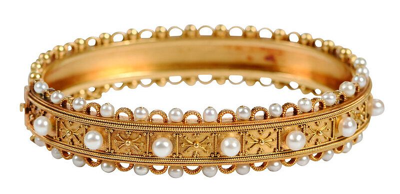 Appraisal: Antique Gold and Pearl Hinged Bracelet made in England circa