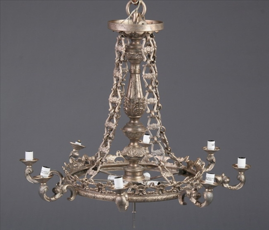 Appraisal: CONTEMPORARY WHITE METAL EIGHT-LIGHT CHANDELIER Late th century Acanthus-leaf mounted