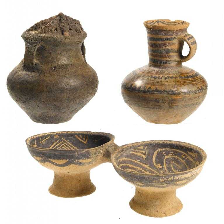 Appraisal: TWO NEOLITHIC EARTHENWARE VESSELS AND A JOINED DOUBLE-CUP of red