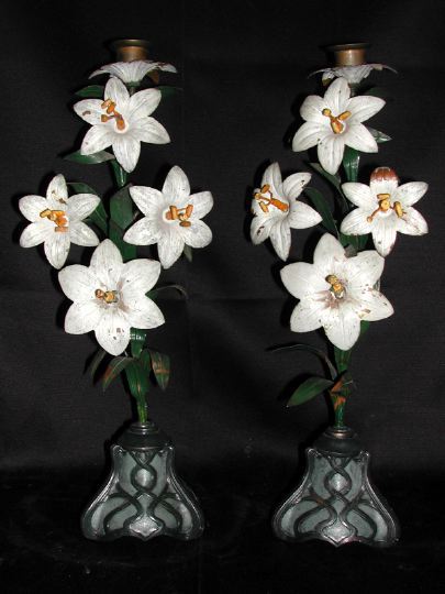 Appraisal: Pair of French Polychromed Cast-Iron and Brass Single-Light Lily Candlesticks