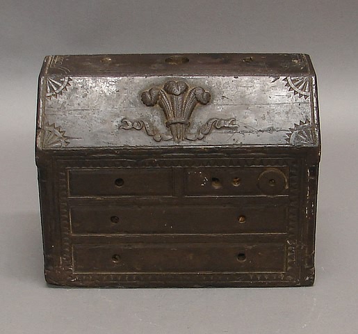 Appraisal: Slant-front desk form with Prince-of-Wales feathers on front mock drawers