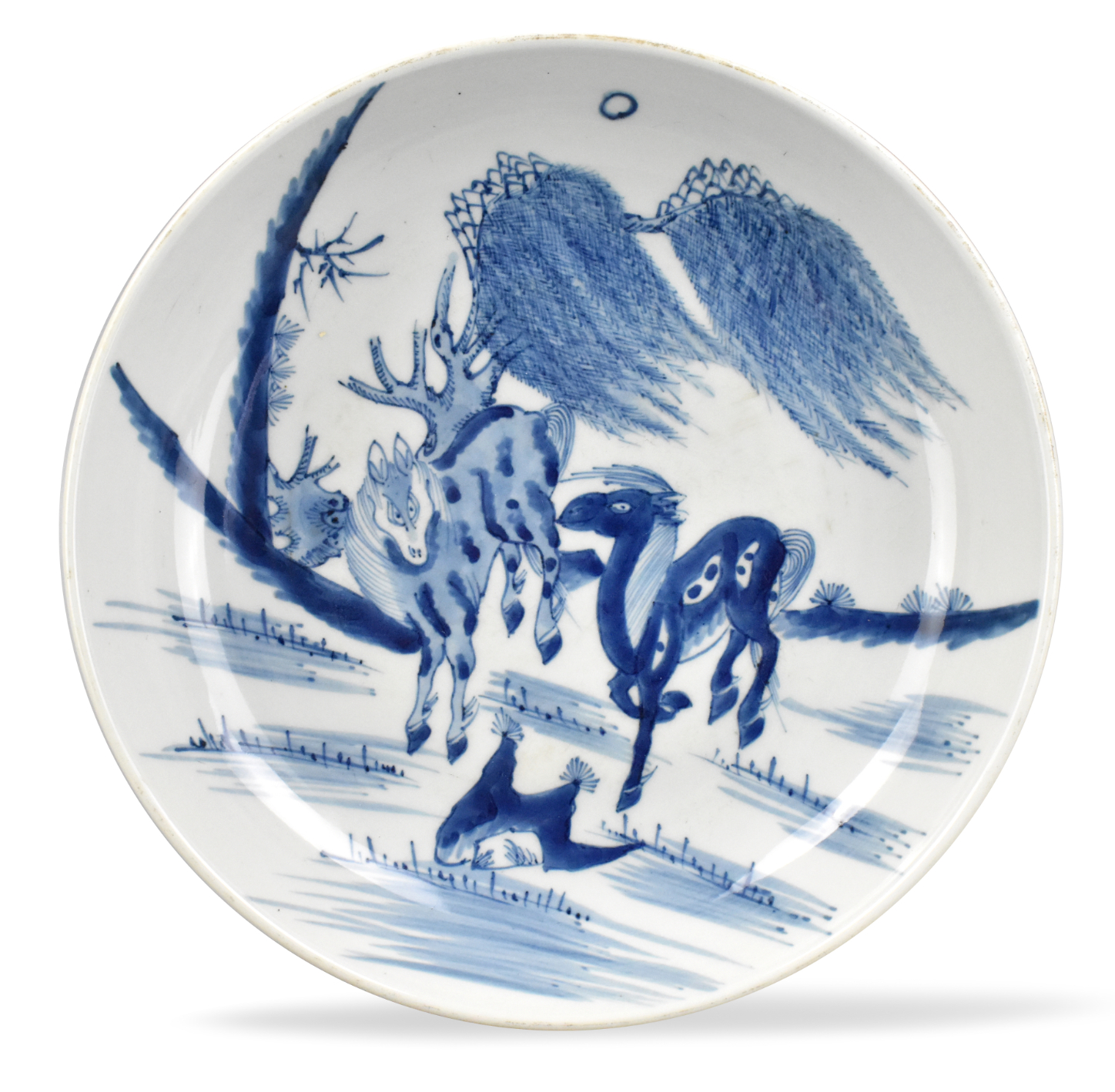 Appraisal: A wide deep Chinese blue white plate with two horses