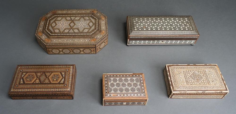 Appraisal: FIVE ASSORTED PERSIAN WOOD MARQUETRY CASKETS AND BOXES LARGER X