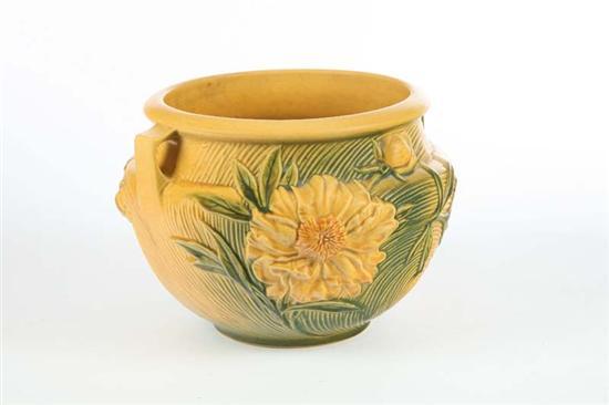 Appraisal: ROSEVILLE JARDINIERE Double handled with collared rim in the Peony