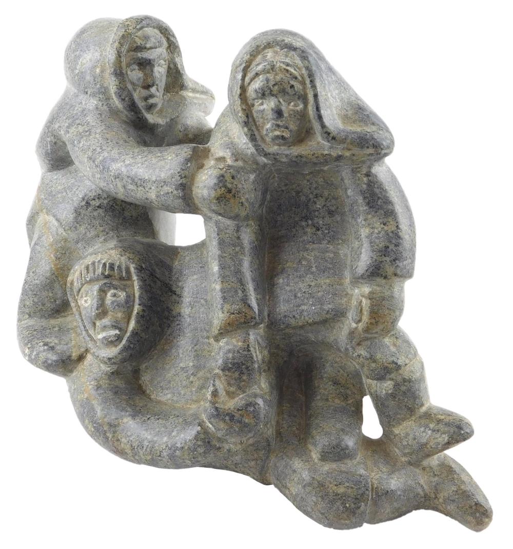 Appraisal: TRIBAL Inuit carved stone sculpture of three interlocked figures etched