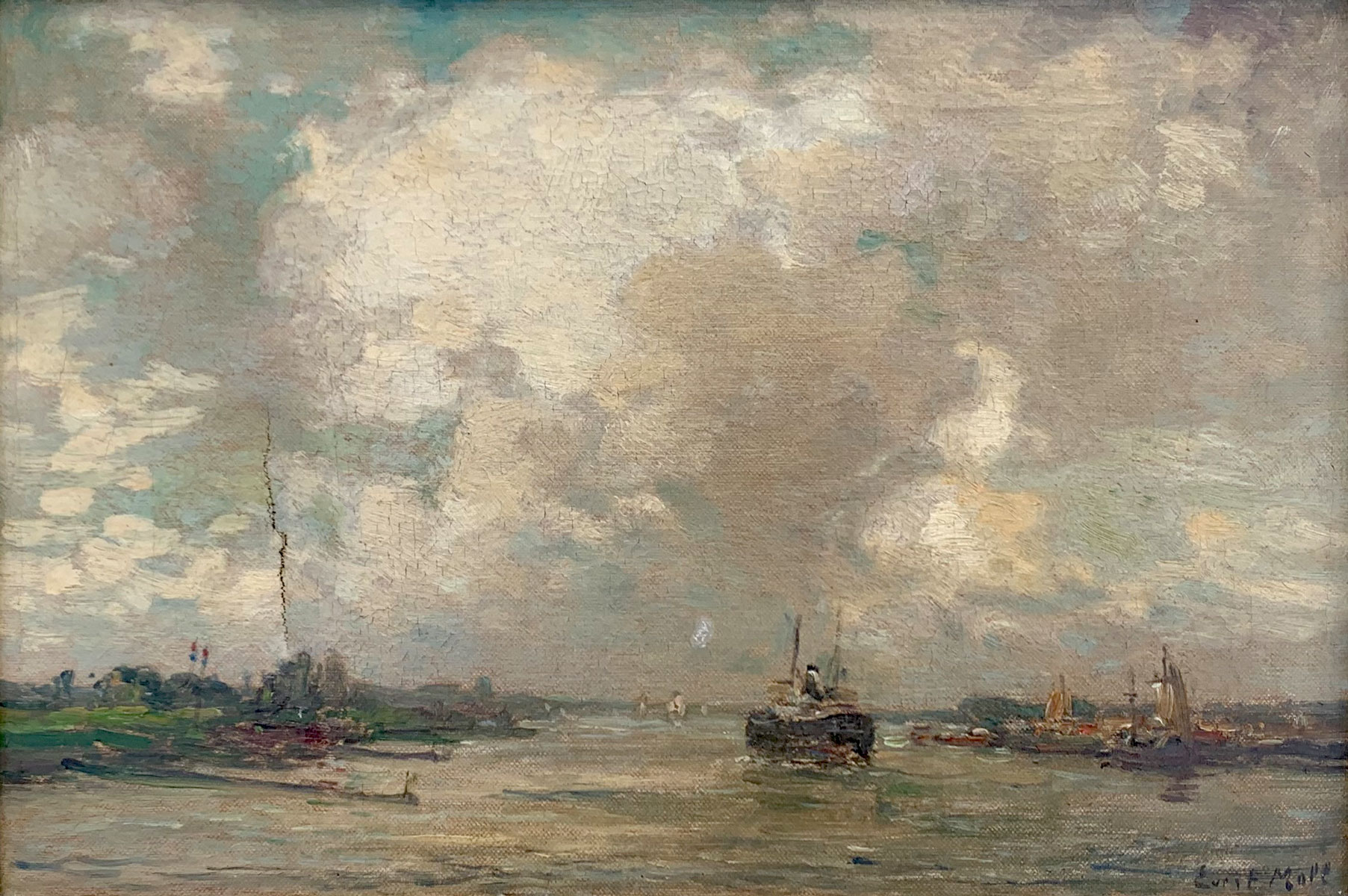 Appraisal: MOLL Evert Dutch - Dutch Waterway with Ships titled verso