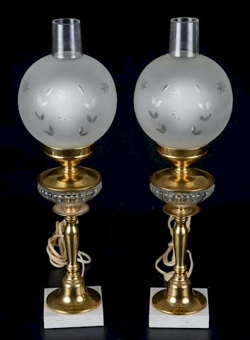 Appraisal: Brass Glass Marble Base Lamps Pair of table lamps each