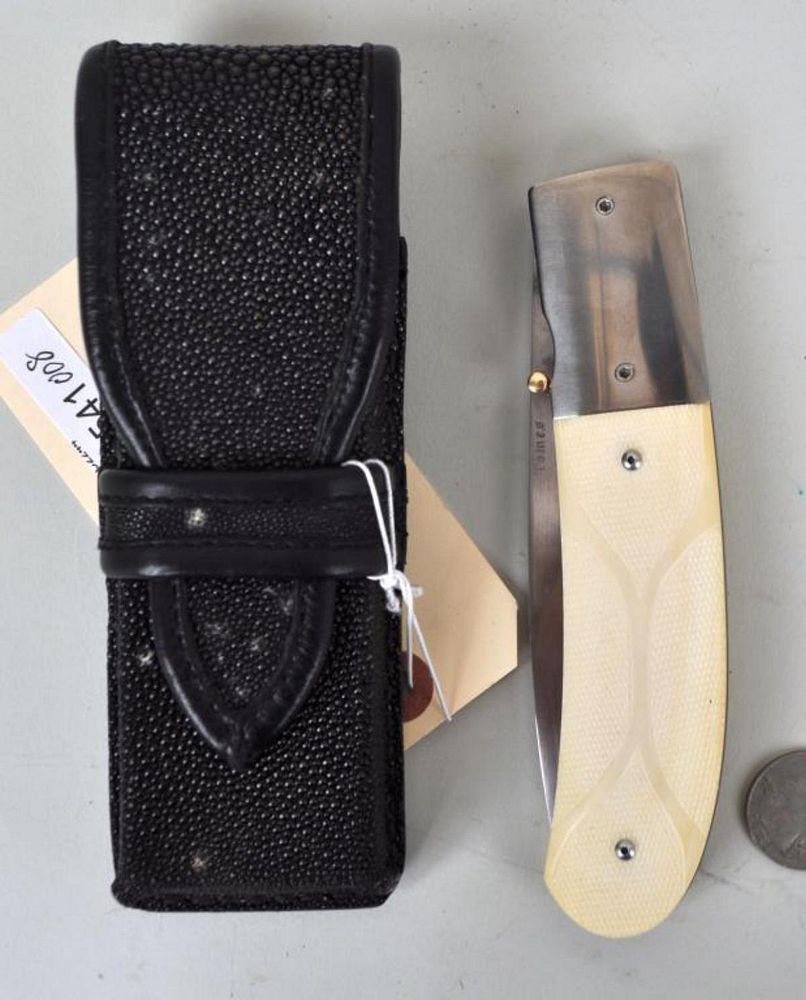 Appraisal: Large P J Tomes Folding Knife Shagreen Case bone handle