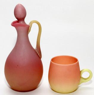 Appraisal: MT WASHINGTON BURMESE CRUET AND PEACHBLOW MUG MT WASHINGTON BURMESE