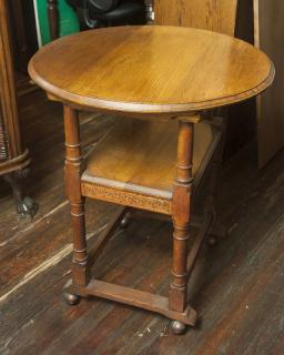 Appraisal: Round Oak Table Square Base with Central Shelf on Ball